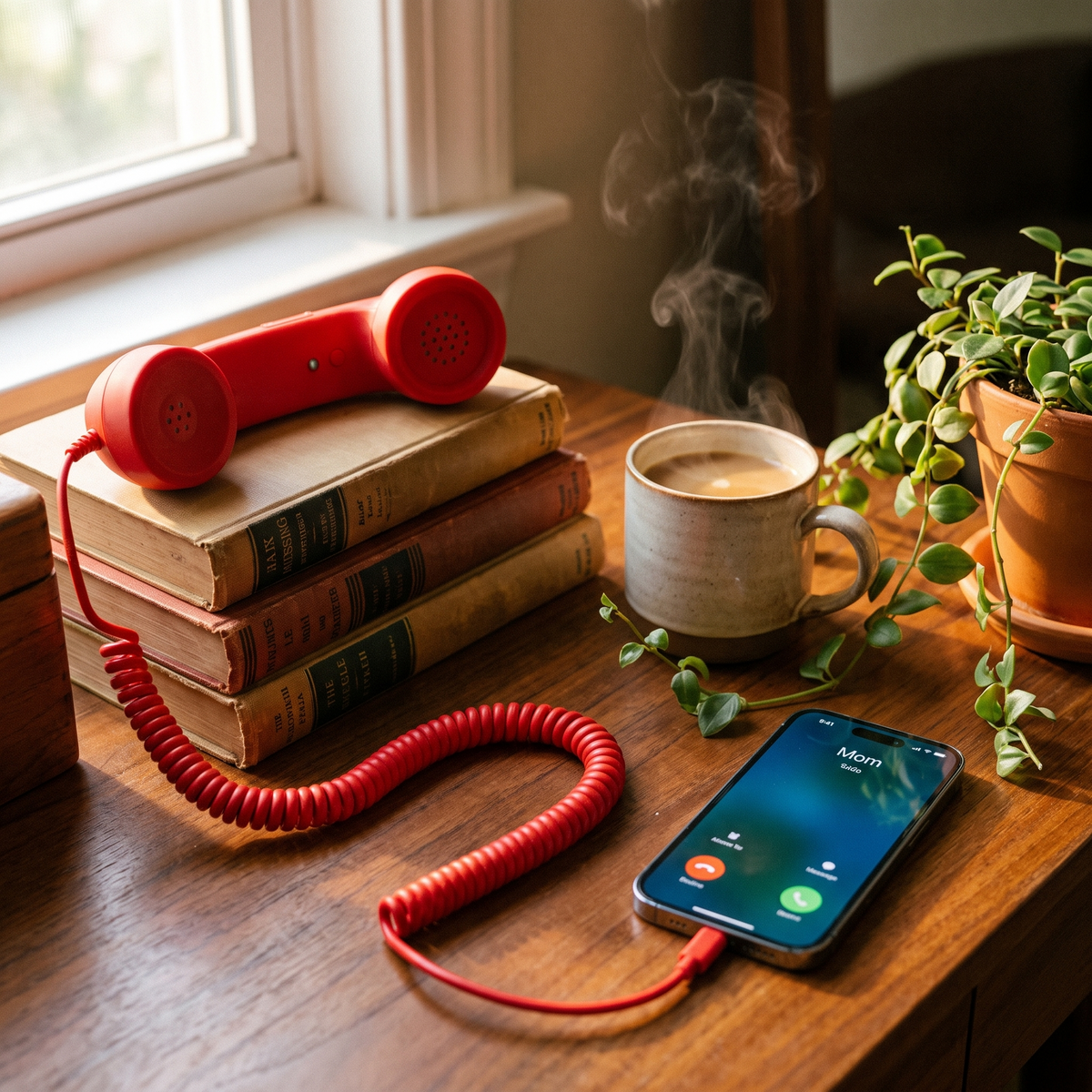 The red Ring Me handset resting on a stack of books beside a coffee mug, cord running to a ringing phone