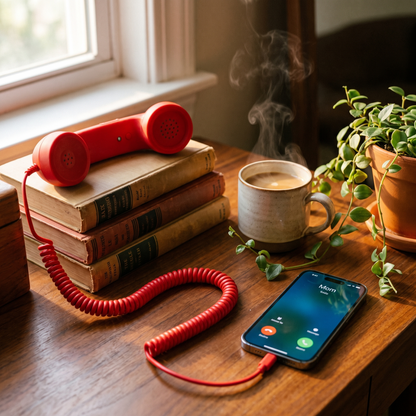The red Ring Me handset resting on a stack of books beside a coffee mug, cord running to a ringing phone