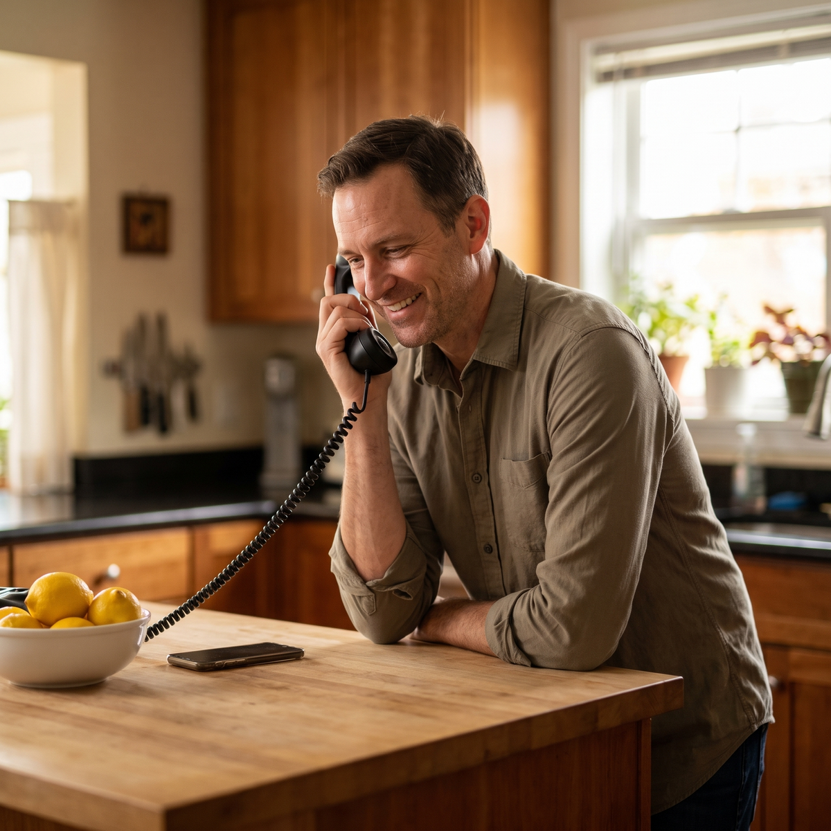 A man smiling on a call at his kitchen island, holding the Ring Me handset