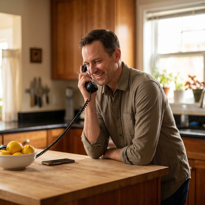 A man smiling on a call at his kitchen island, holding the Ring Me handset