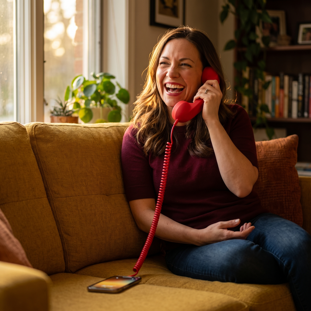A woman laughing on a call, the red Ring Me handset to her ear and the cord running to her phone