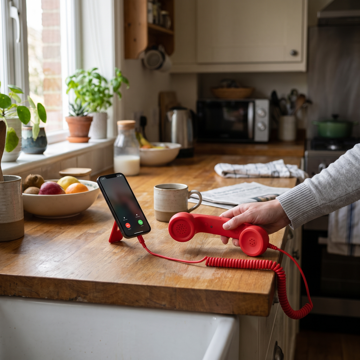 The red Ring Me handset plugged into a ringing phone on a kitchen counter