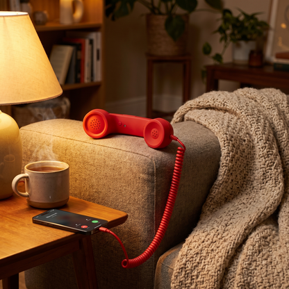 The Ring Me handset resting on a sofa armrest with the cord running to a phone