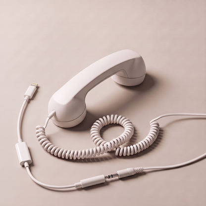 Ring Me handset in white, its 3.5 mm cord plugged into the included Lightning adapter