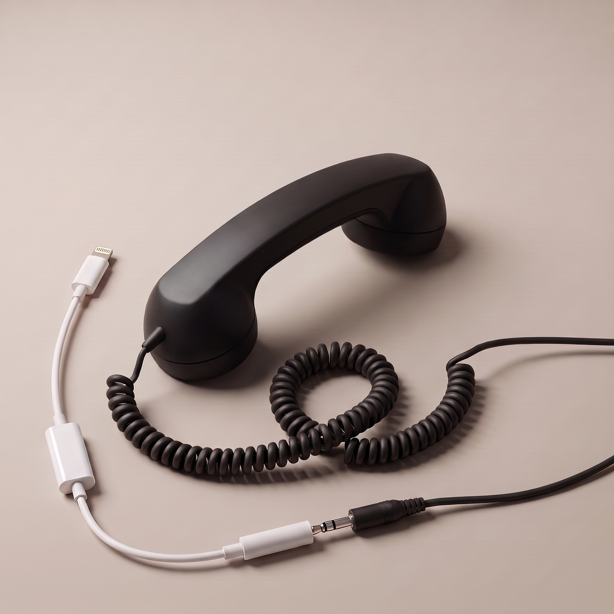 Ring Me handset in black, its 3.5 mm cord plugged into the included Lightning adapter