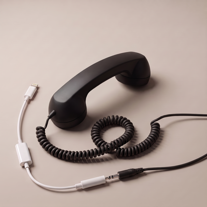 Ring Me handset in black, its 3.5 mm cord plugged into the included Lightning adapter
