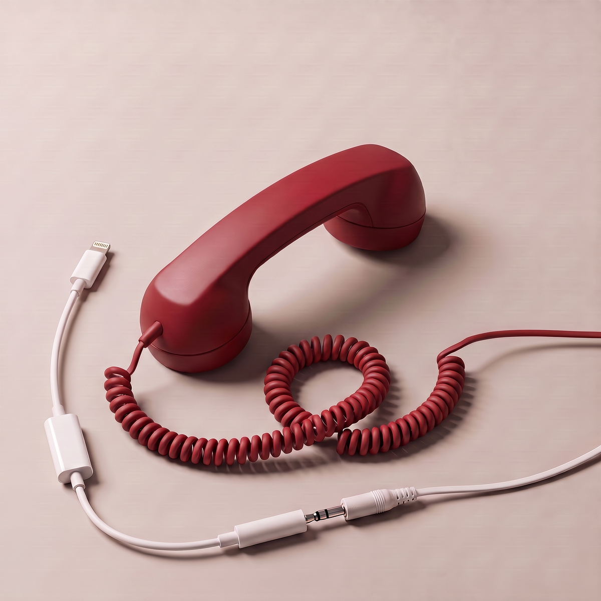 Ring Me handset in red, its 3.5 mm cord plugged into the included Lightning adapter