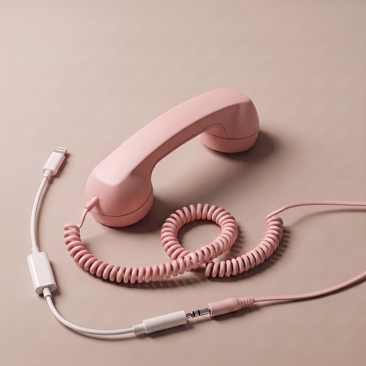 Ring Me handset in pink, its 3.5 mm cord plugged into the included Lightning adapter