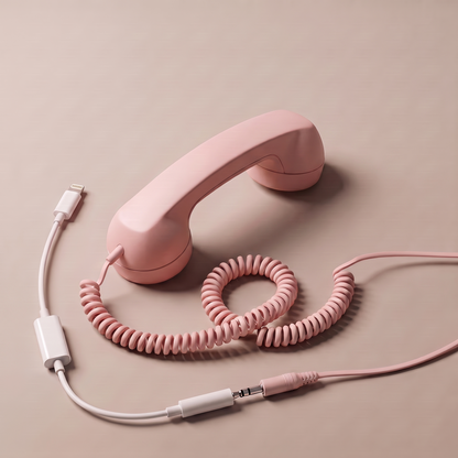 Ring Me handset in pink, its 3.5 mm cord plugged into the included Lightning adapter