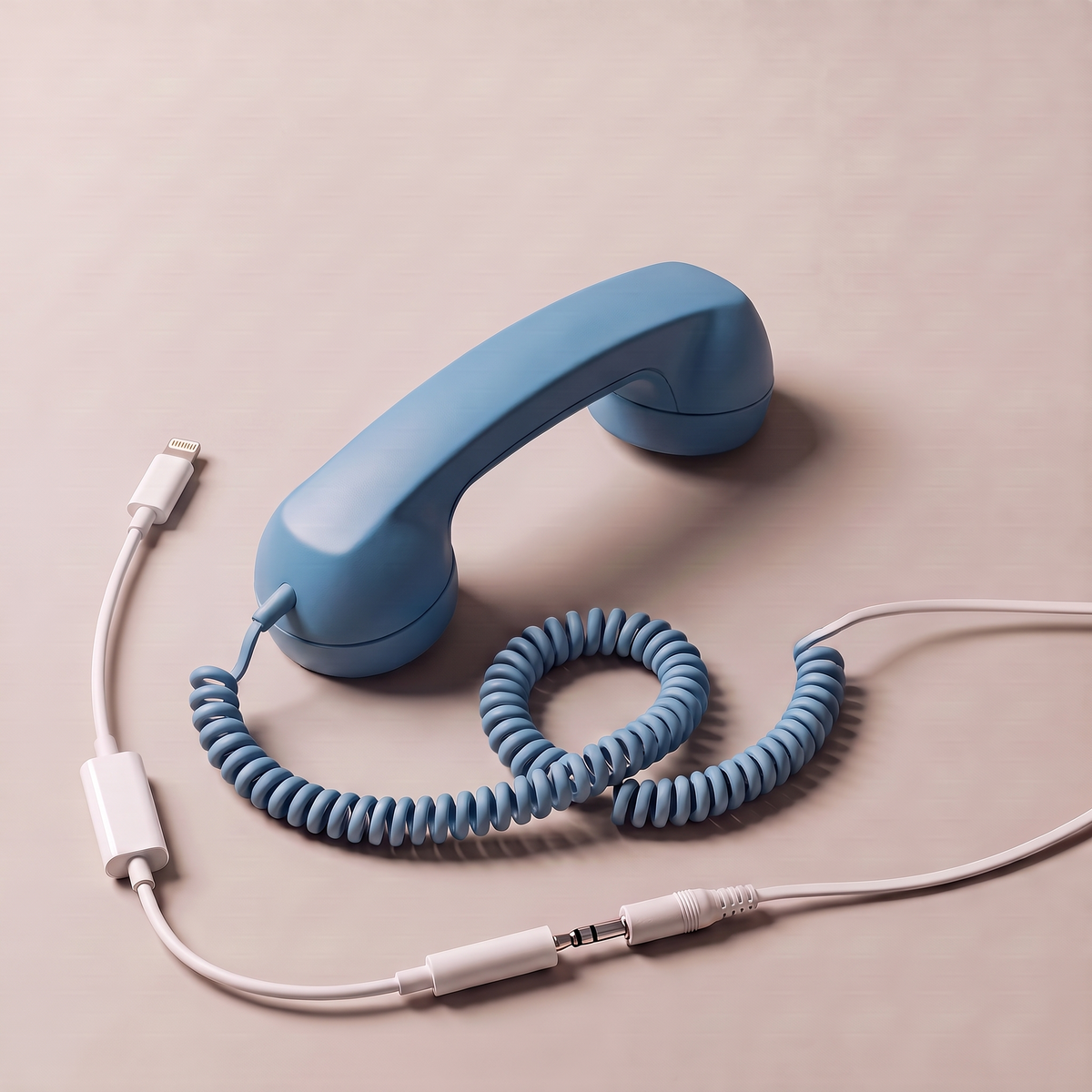 Ring Me handset in blue, its 3.5 mm cord plugged into the included Lightning adapter
