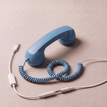 Ring Me handset in blue, its 3.5 mm cord plugged into the included Lightning adapter