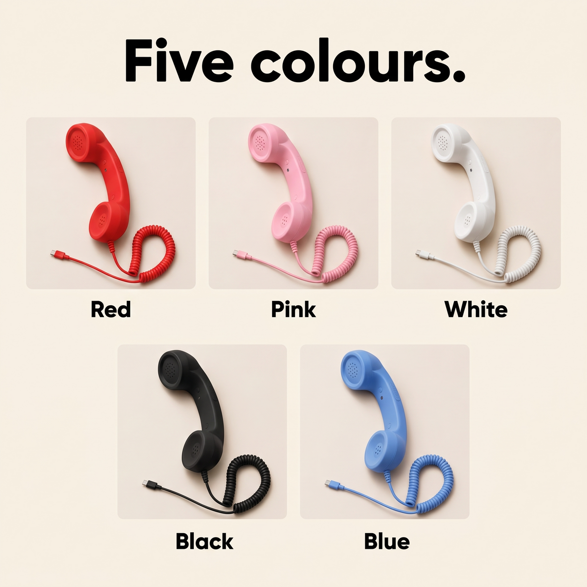 Five colours: red, pink, white, black and blue