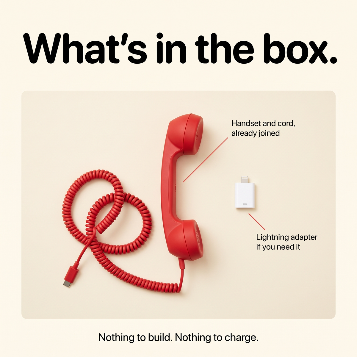 What's in the box: the handset with its cord already joined, plus a Lightning adapter if you need it