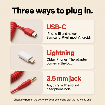 Three ways to plug in: USB-C, Lightning with the adapter in the box, or 3.5 mm jack